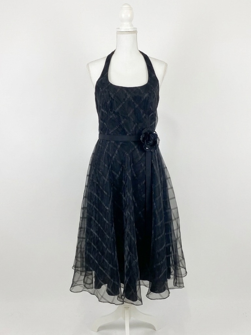 Betsy & Adam Vintage Halter Cocktail Dress Black Organza Plaid Floral Coquette